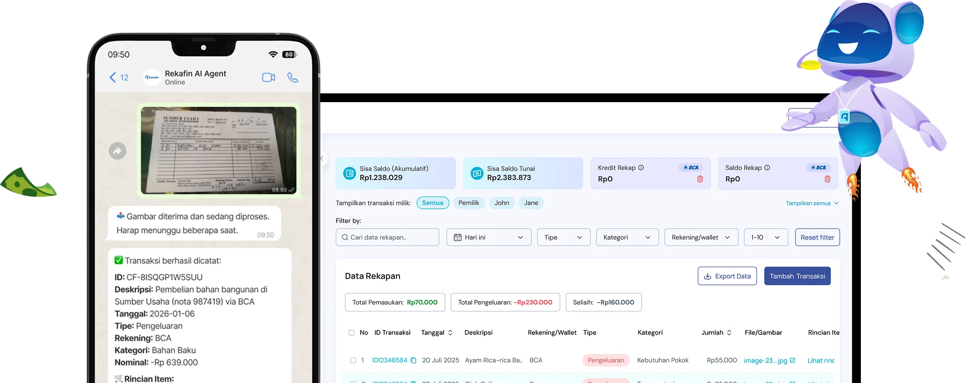 Screenshot dashboard Rekafin terhubung dengan WhatsApp